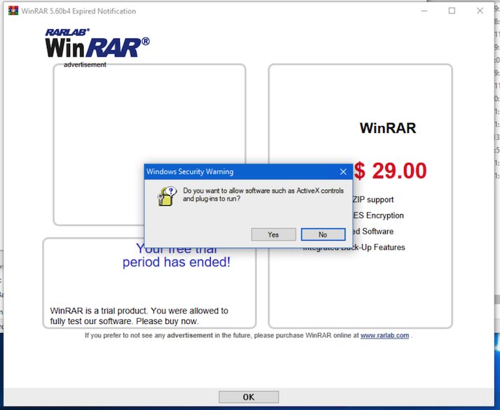 WinRAR showing ActiveX warning